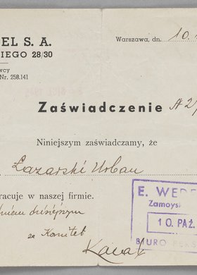 Zaświadczenie wystawione Urbanowi Łazarskiemu
