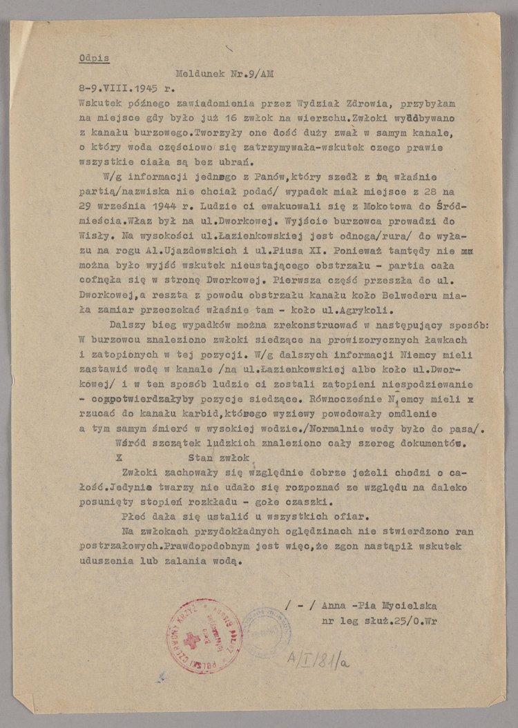 Odpisy meldunku nr 9/AM dotyczącego przebiegu ekshumacji zwłok z burzowca przy ul. Łazienkowskiej w Warszawie