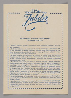 Ulotka firmy "JUBILER" wydana w 35. rocznicę jej istnienia