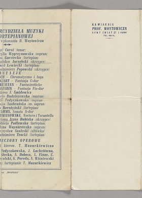 Program muzyczny na czerwiec 1941 r. w Kawiarni profesora Bolesława Woytowicza w Warszawie (na Nowym Świecie 27)