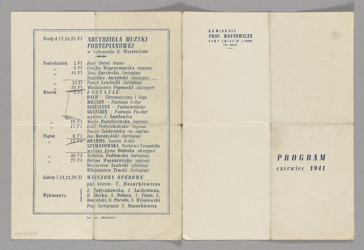 Program muzyczny na czerwiec 1941 r. w Kawiarni profesora Bolesława Woytowicza w Warszawie (na Nowym Świecie 27)