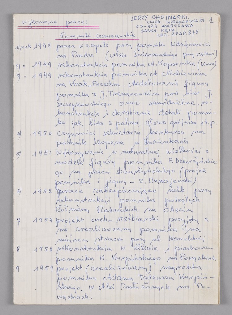 Wykaz prac artystycznych Jerzego Chojnackiego