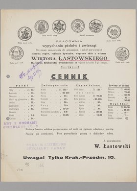 Cennik i reklama firmy Pracownia wypychania ptaków i zwierząt Wiktora Łastowskiego w Warszawie