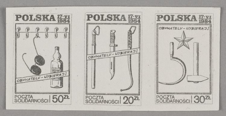 Bloczek trzech znaczków okolicznościowych zachęcających w satyryczny sposób do niebrania udziału w wyborach do rad narodowych