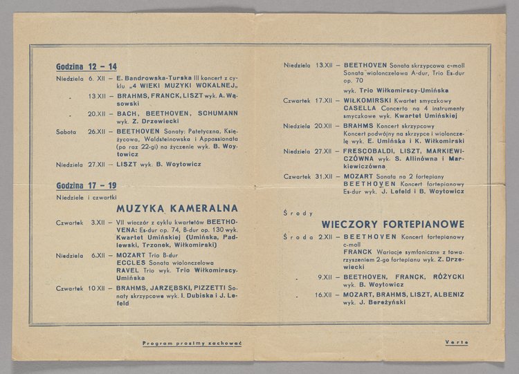 Program muzyczny na grudzień 1942 r. w Kawiarni profesora Bolesława Woytowicza w Warszawie (na Nowym Świecie 27)