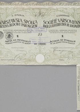 Akcja na okaziciela Warszawskiej Spółki Akcyjnej Budowy Parowozów o wartości nominalnej 25 zł I. emisji
