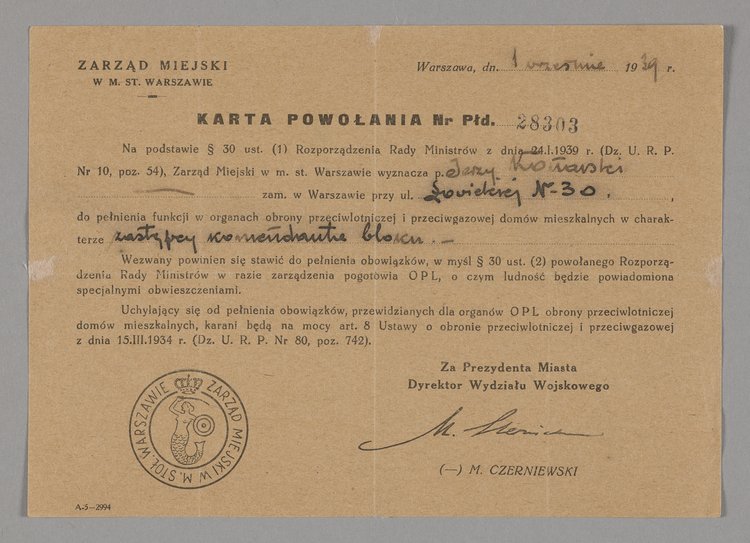 Karta powołania wydana Jerzemu Konarskiemu