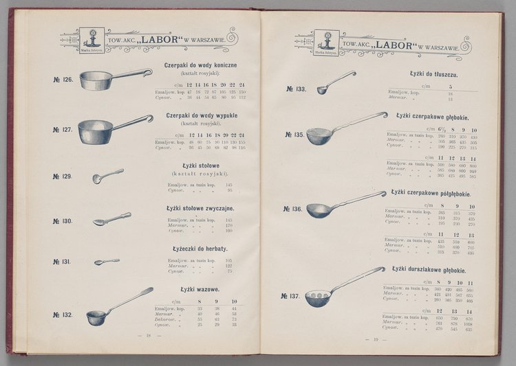 Katalog i cennik wyrobów kuchennych Towarzystwa Akcyjnego Emaljerni i Warsztatów w Warszawie "Labor"