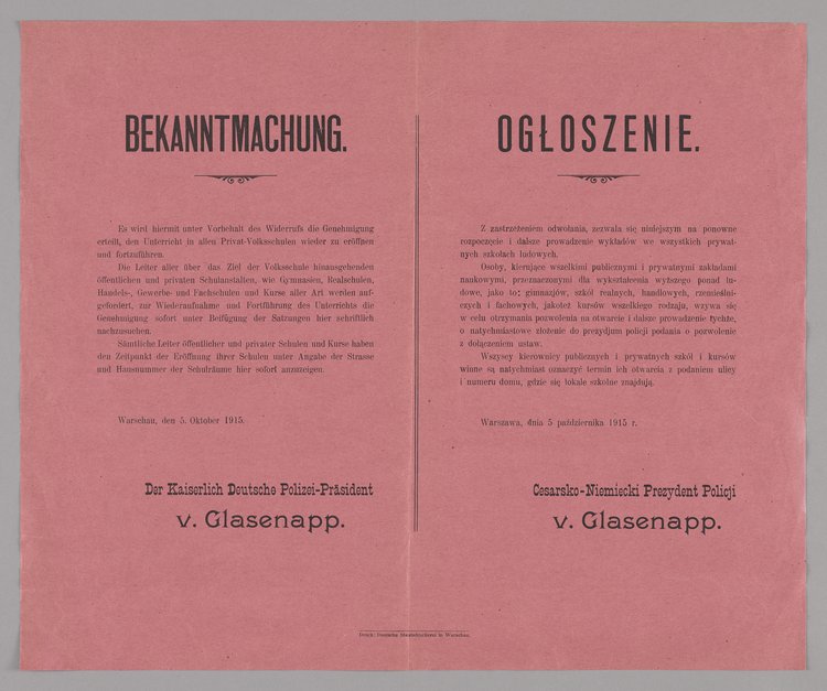 Bekanntmachung / Ogłoszenie o pozwoleniu na ponowne otwarcie prywatnych szkół ludowych oraz szkół średnich i zawodowych po uzyskaniu specjalnego zezwolenia