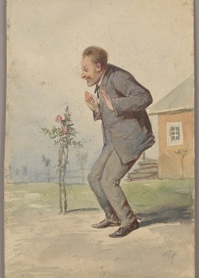 Mężczyzna przy krzewie róży