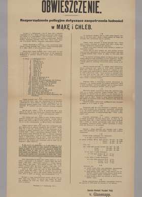 Obwieszczenie z rozporządzeniem o zaopatrzeniu ludności w mąkę i chleb, ustanowieniu cen maksymalnych oraz wskazaniu zasad wydawania legitymacji i kart żywnościowych