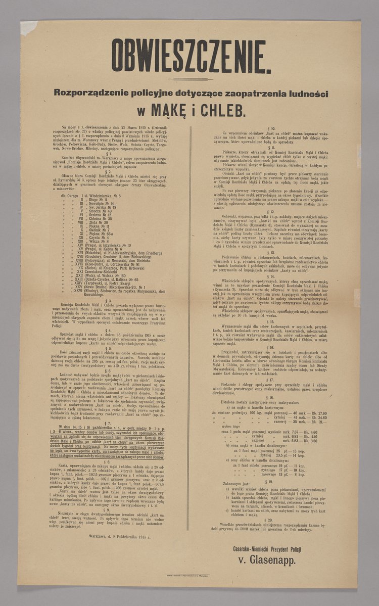 Obwieszczenie z rozporządzeniem o zaopatrzeniu ludności w mąkę i chleb, ustanowieniu cen maksymalnych oraz wskazaniu zasad wydawania legitymacji i kart żywnościowych