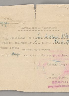 Zaświadczenie wystawione Antoniemu Olszewskiegmu