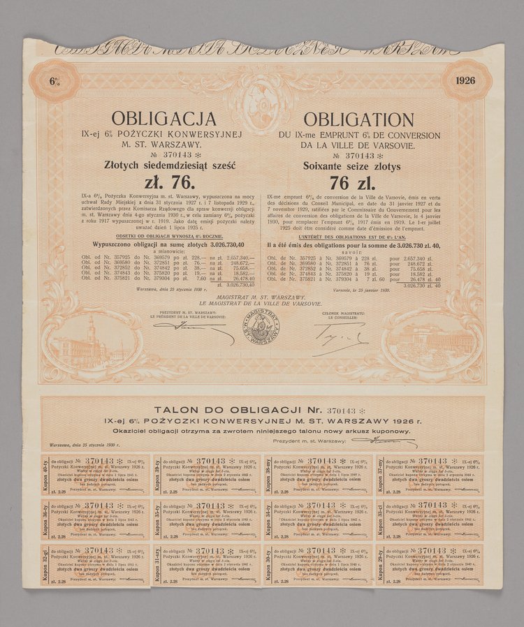 Obligacja IX-ej 6% Pożyczki Konwersyjnej m.st. Warszawy o wartości 76 złotych