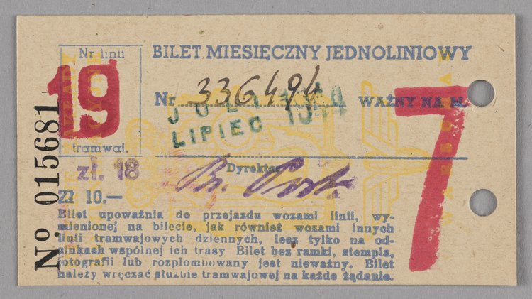 Bilet tramwajowy miesięczny jednoliniowy na miesiąc lipiec 1944 roku
