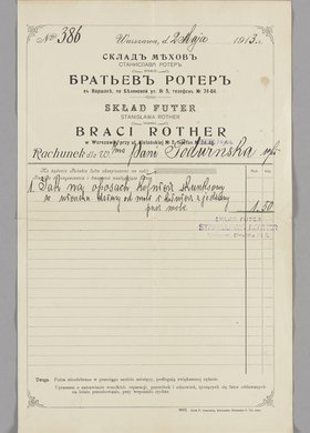 Rachunek dla Pani Podwińskiej za naprawę futra wystawiony przez Skład Futer Stanisława Rothera w Warszawie