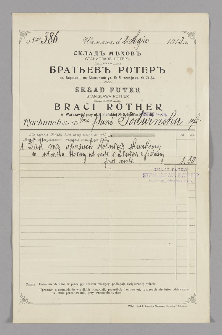 Rachunek dla Pani Podwińskiej za naprawę futra wystawiony przez Skład Futer Stanisława Rothera w Warszawie