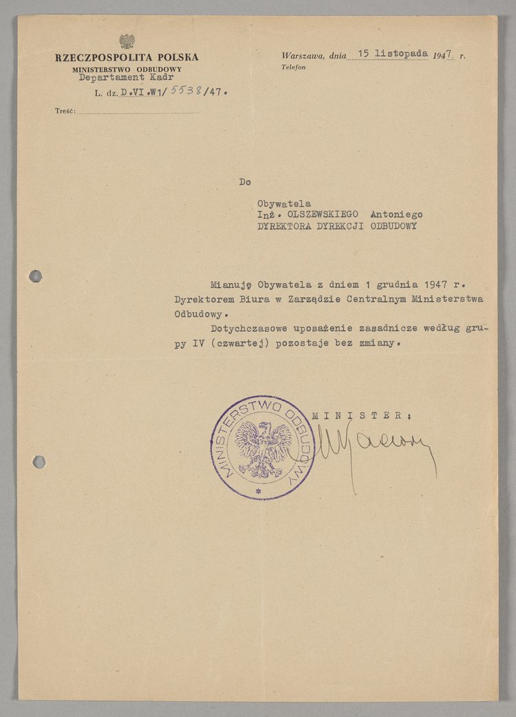 Pismo skierowane do Antoniego Olszewskiego