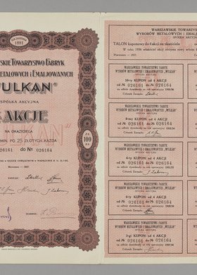 Cztery akcje Warszawskiego Towarzystwa Fabryk Wyrobów Metalowych i Emaliowanych "Wulkan". Spółka akcyjna