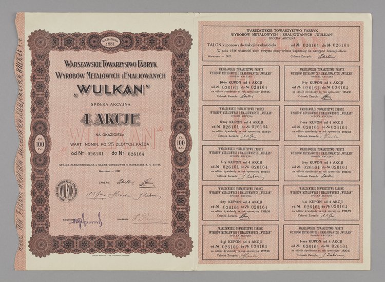 Cztery akcje Warszawskiego Towarzystwa Fabryk Wyrobów Metalowych i Emaliowanych "Wulkan". Spółka akcyjna