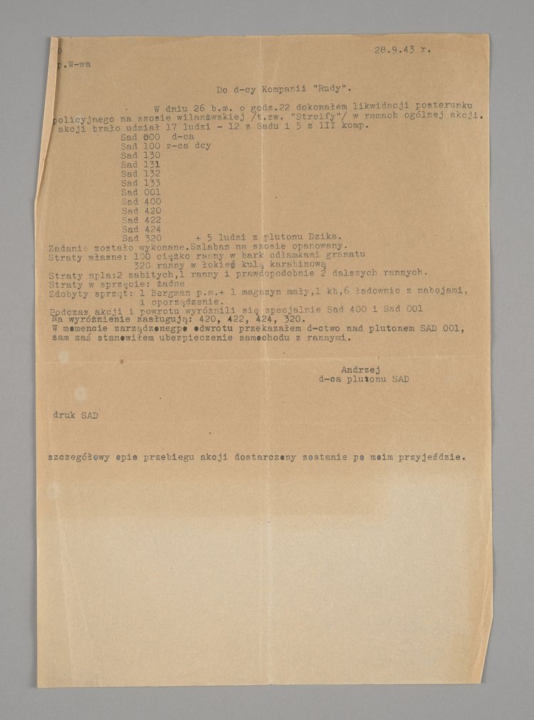 Raport z opisem przebiegu Akcji "W" - Akcji Dywersyjnej "Wilanów" wraz z trzema załącznikami