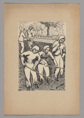 Służba Polsce przy pracy nad zieleńcami Warszawy (Kobiety grabiące w parku)