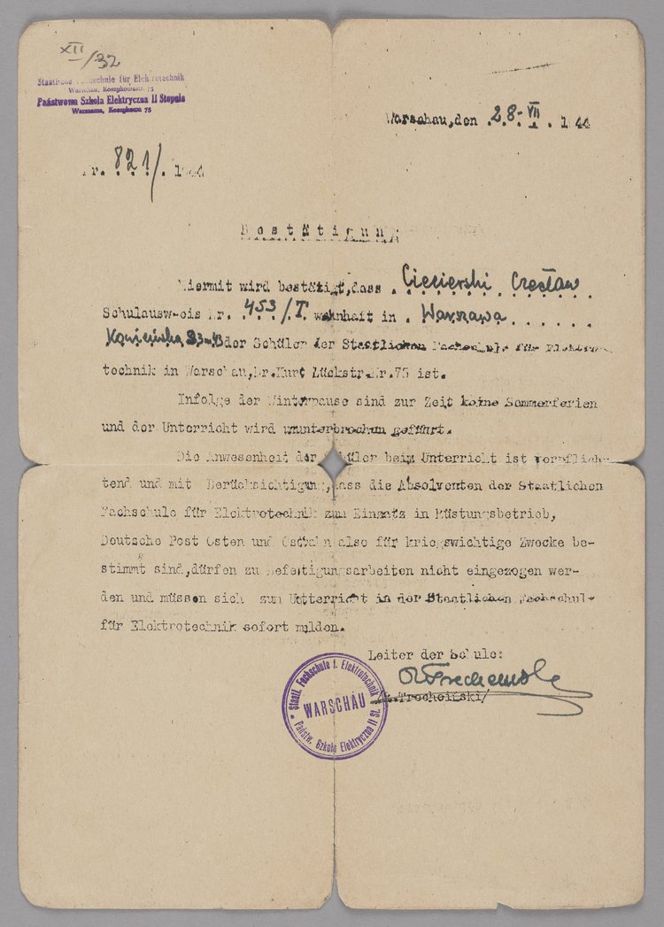 Zaświadczenie dla Czesława Ciecierskiego