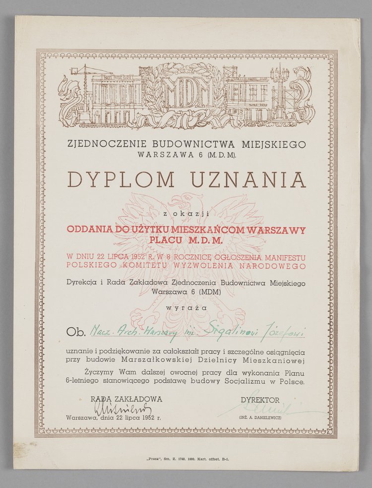 Dyplom uznania przyznany Józefowi Sigalinowi
