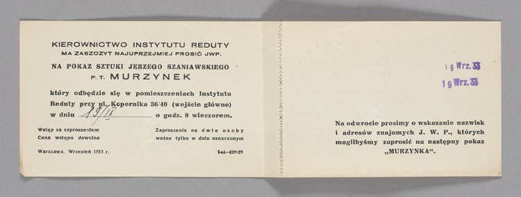 Zaproszenie na pokaz sztuki Jerzego Szaniawskiego p.t. "Murzynek"