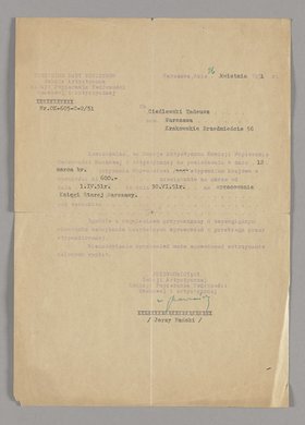 Pismo do Tadeusza Cieślewskiego ojca z informacją o przyznaniu mu stypendium
