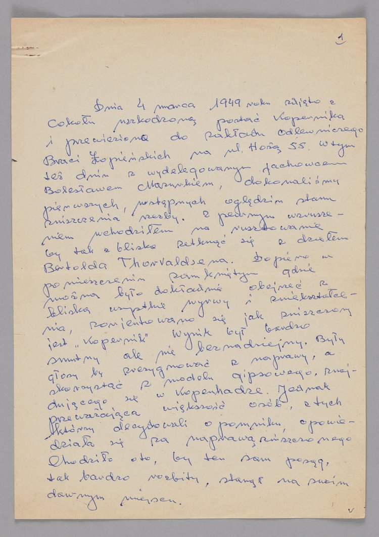 Relacja Jerzego Chojnackiego opisująca czynności remontowe przy pomniku Mikołaja Kopernika w Warszawie