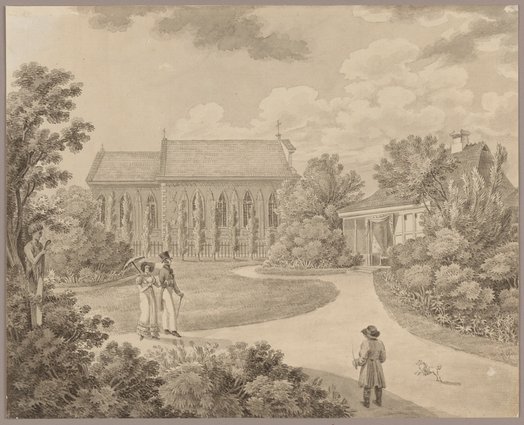 Widok kościoła w Służewie i parku w Gucinie