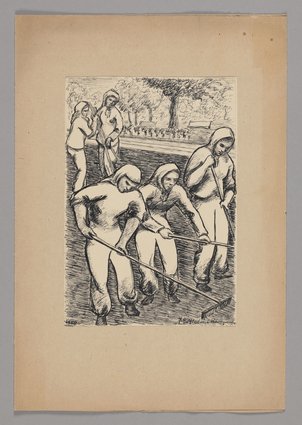 Służba Polsce przy pracy nad zieleńcami Warszawy (Kobiety grabiące w parku)