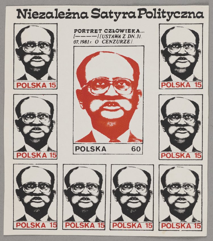 Bloczek dziewięciu znaczków okolicznościowych z rysunkami satyrycznymi przedstawiającymi gen. Wojciecha Jaruzelskiego