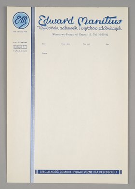 Papier firmowy "Wytwórni Zabawek i Wyrobów Zdobniczych Edward Manitius" w Warszawie