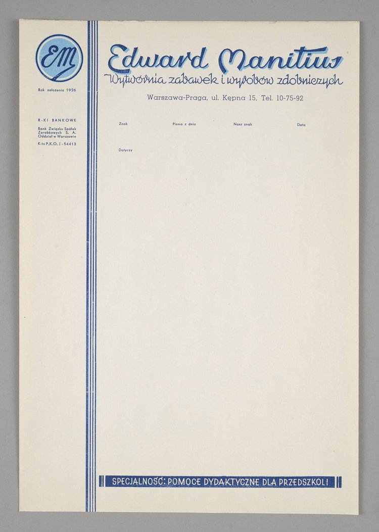Papier firmowy "Wytwórni Zabawek i Wyrobów Zdobniczych Edward Manitius" w Warszawie