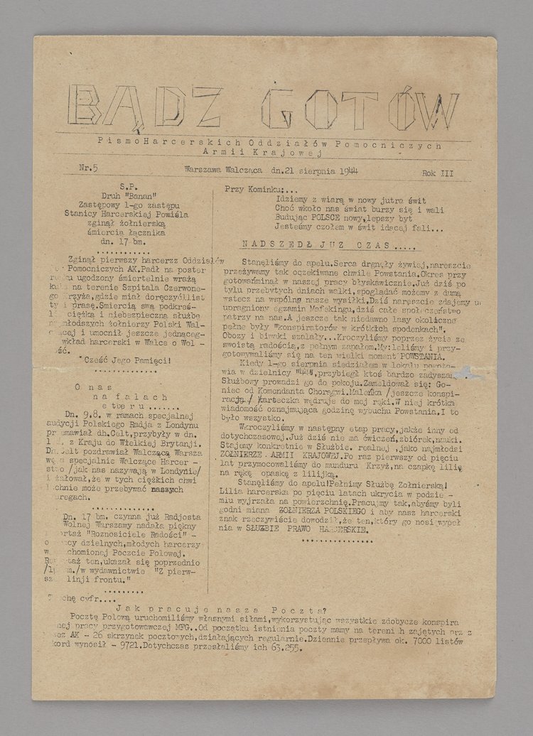 Gazeta Bądź Gotów. Pismo harcerskich Oddziałów Pomocniczych AK. Warszawa walcząca, Nr 5 z 21 sierpnia 1944 r.