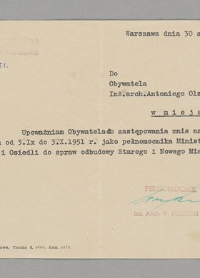 Pismo skierowane do Antoniego Olszewskiego z upoważnieniem do zastępowania przełożonego