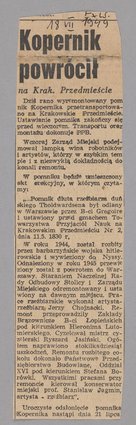 Wycinek z gazety p.t. "Express Wieczorny" z 18 lipca 1949 r. z artykułem p.t. "Kopernik powrócił na Krak.[owskie] Przedmieście"