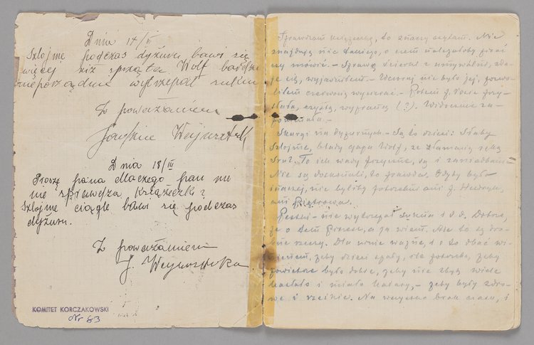Zeszyt Jadzi Wajnsztok, dyżurnej Domu Sierot z wpisami Janusza Korczaka (Henryka Goldszmita)