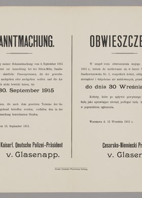 Bekanntmachung / Obwieszczenie dotyczące obowiązku meldowania się wszystkich kobiet uprawiających w Warszawie nierząd