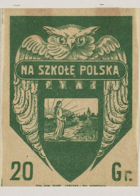 Nalepka 'Na Szkołę Polską. 20 gr.', wydana w 1915 r.