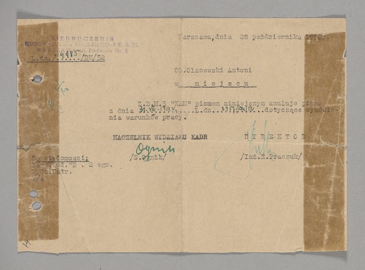 Pismo skierowane do Antoniego Olszewskiego z informacją o anulowaniu mu wymówienia warunków pracy