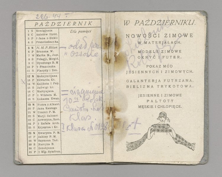 Kalendarz kieszonkowy na 1924 rok oraz kartka z widokiem Domu Towarowego Bracia Jałkowscy