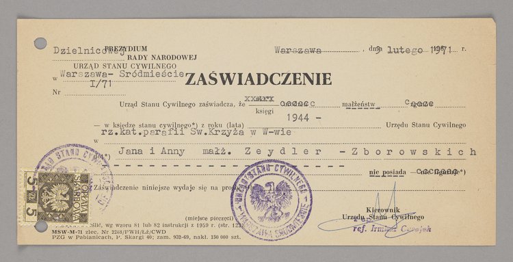 Zaświadczenie Urzędu Stanu Cywilnego Warszawa - Śródmieście