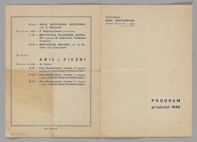 Program muzyczny na grudzień 1942 r. w Kawiarni profesora Bolesława Woytowicza w Warszawie (na Nowym Świecie 27)