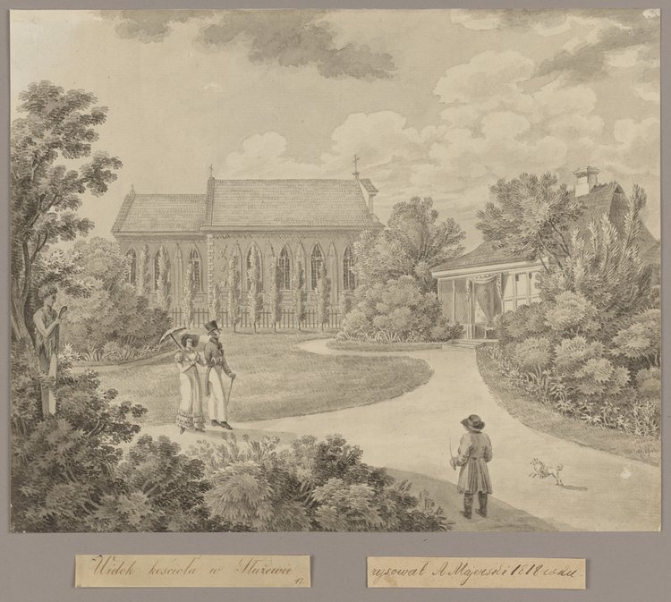 Widok kościoła w Służewie i parku w Gucinie