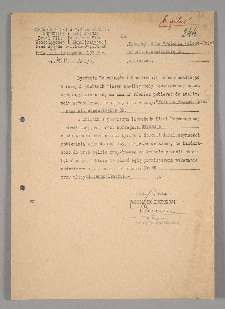 Pismo Wodociągów i Kanalizacji Zarządu Miejskiego w m.st. Warszawie