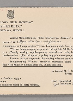 Zaproszenie na Inauguracyjny Wieczór Klubowy organizowany przez Motocyklowy Klub Sportowy "Strzelec"