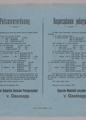 Polizeiverordnung / Rozporządzenie policyjne o ustaleniu cen maksymalnych na mąkę w sprzedaży detalicznej i hurtowej i chleb